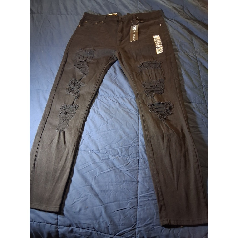 Waimea Mens Blackwash Skinny‎ Fit Distressed Black Denim Jeans Size 38/31